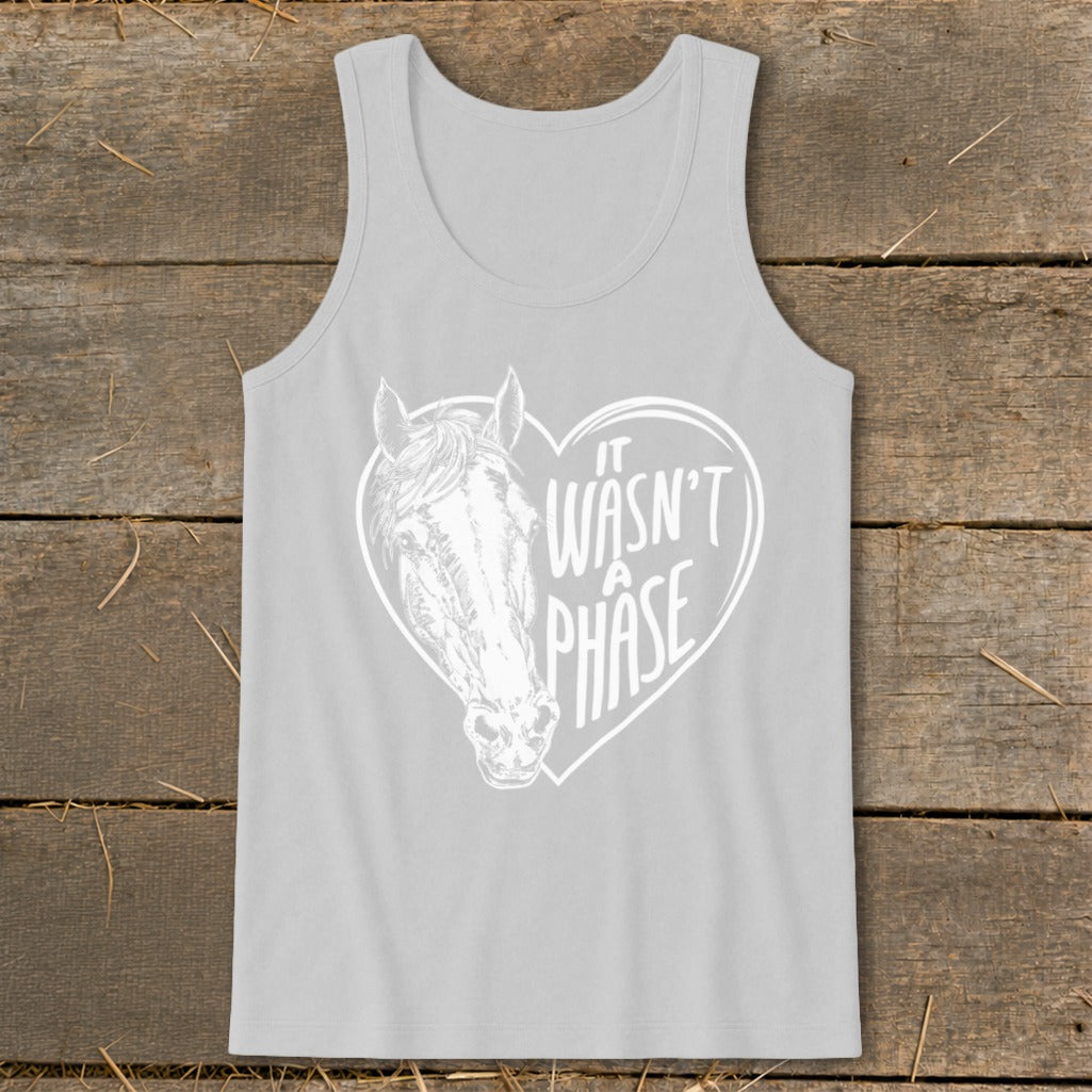Light gray tank top with a white heart graphic featuring a horse's head and text "IT WASN'T A PHASE".