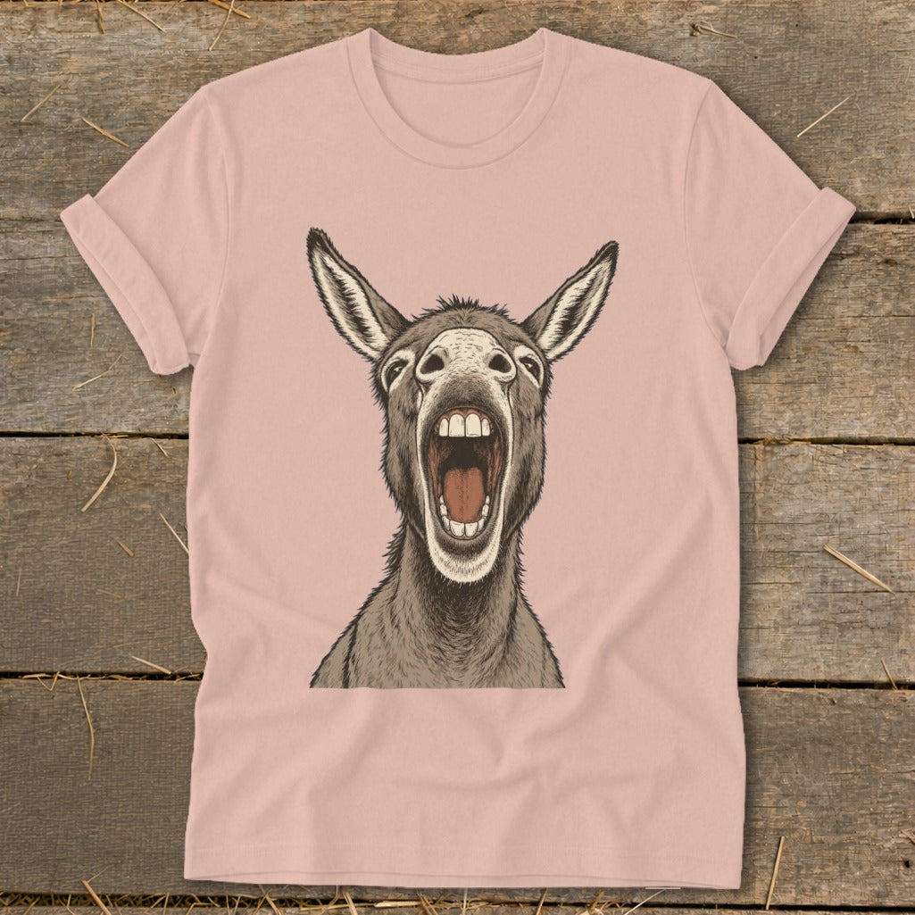Pink t-shirt with a detailed illustration of a donkey's head with its mouth open.