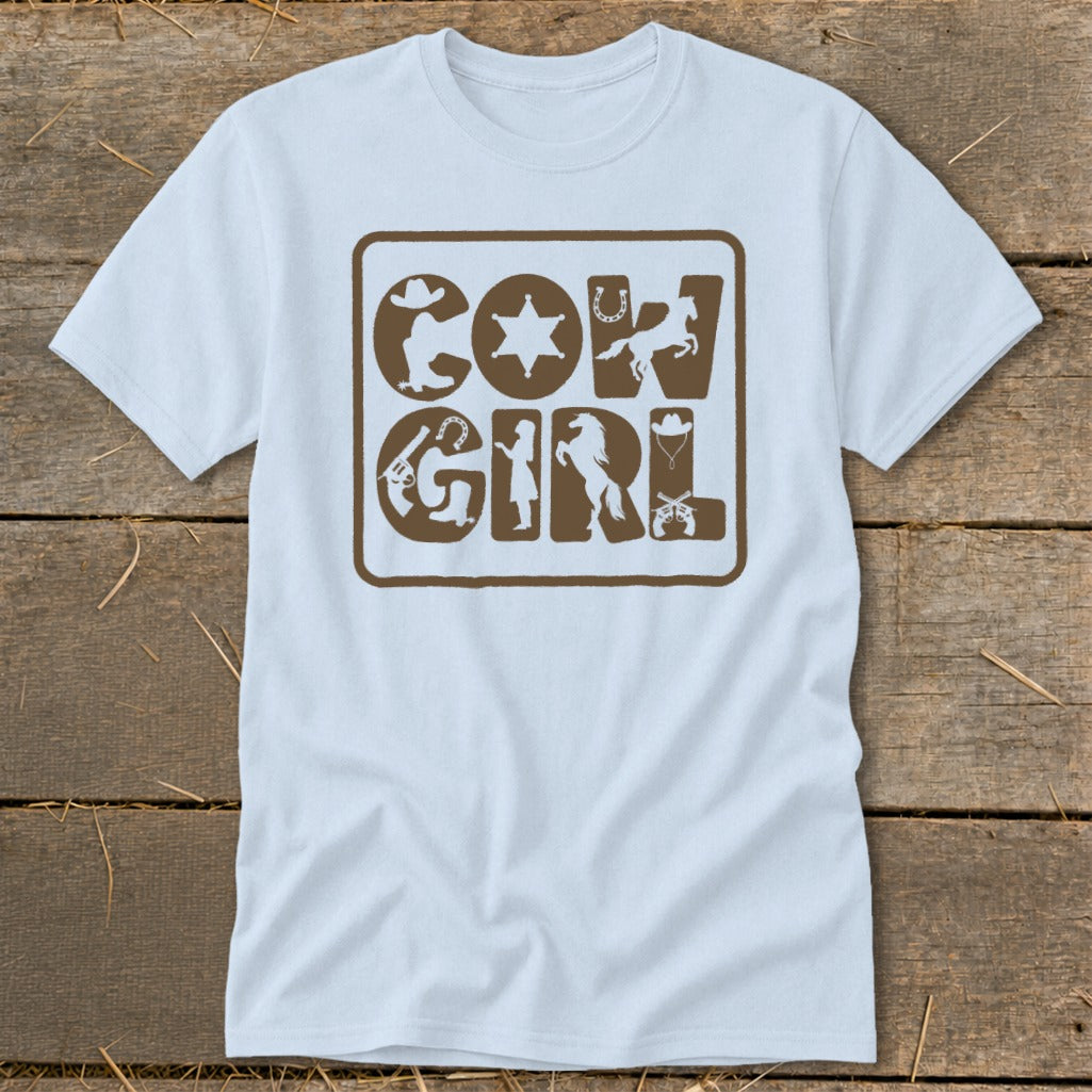 Light blue t-shirt with brown "COWGIRL" text made of western icons.