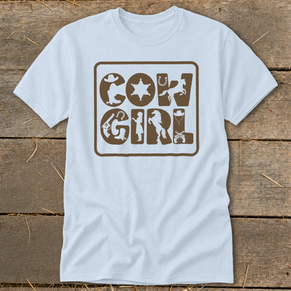 Light blue t-shirt with brown "COWGIRL" text made of western icons.