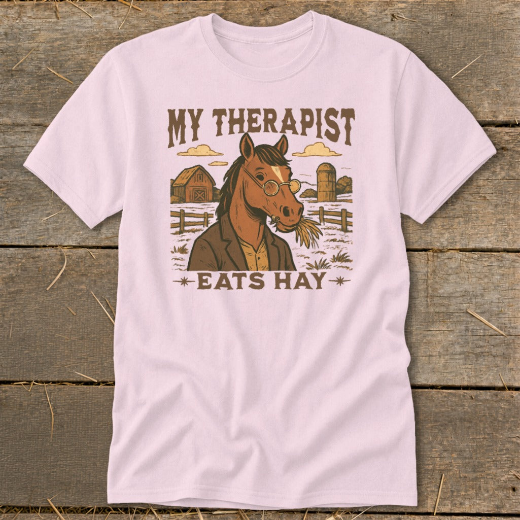 T-shirt with horse graphic and text "MY THERAPIST EATS HAY"