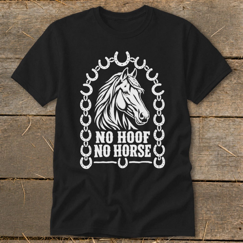 Black t-shirt with white graphic of horse head, horseshoes, and "No Hoof No Horse" text.