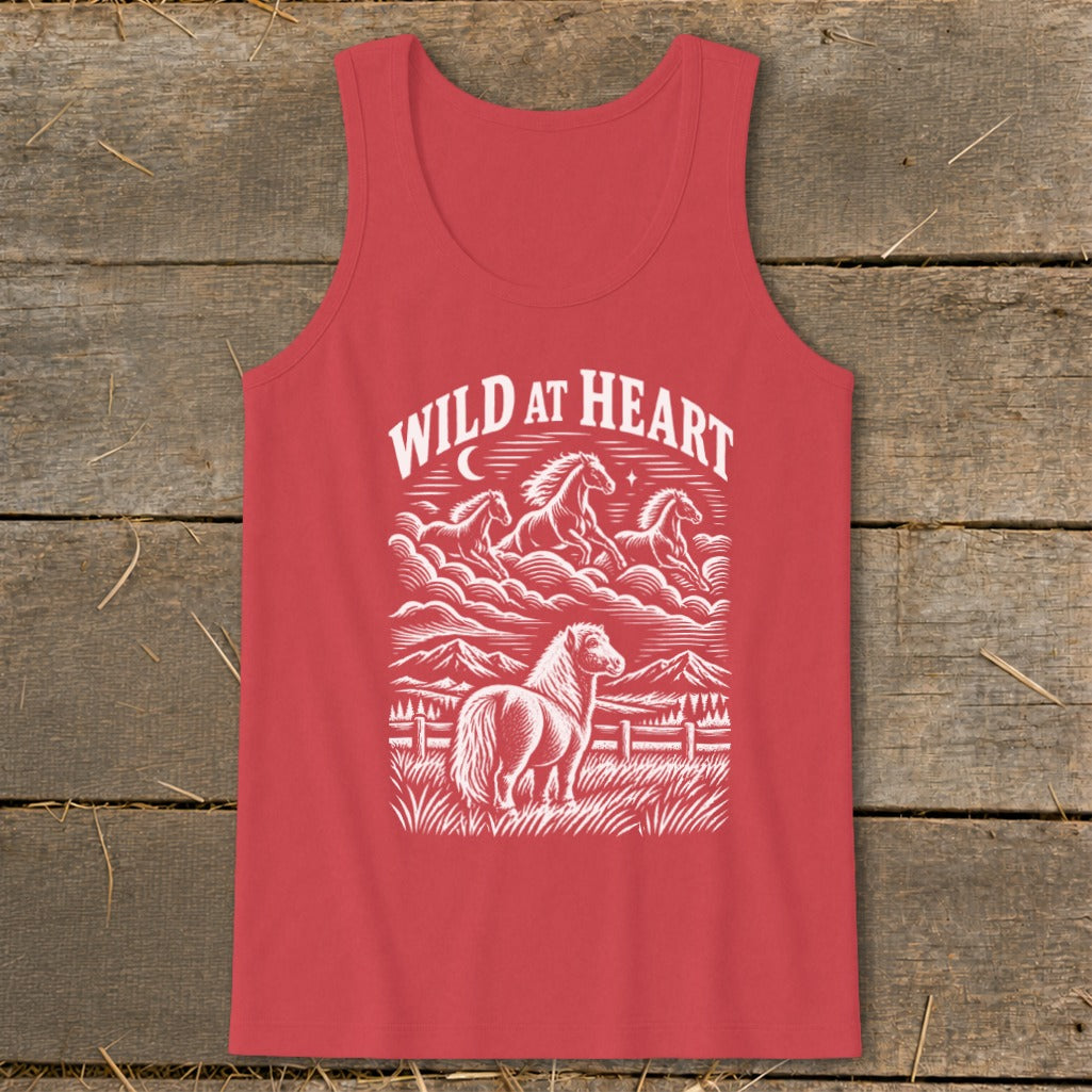 Red tank top with white "Wild at Heart" text and graphic of horses and mountains.