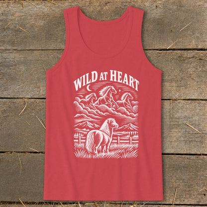 Red tank top with white "Wild at Heart" text and graphic of horses and mountains.