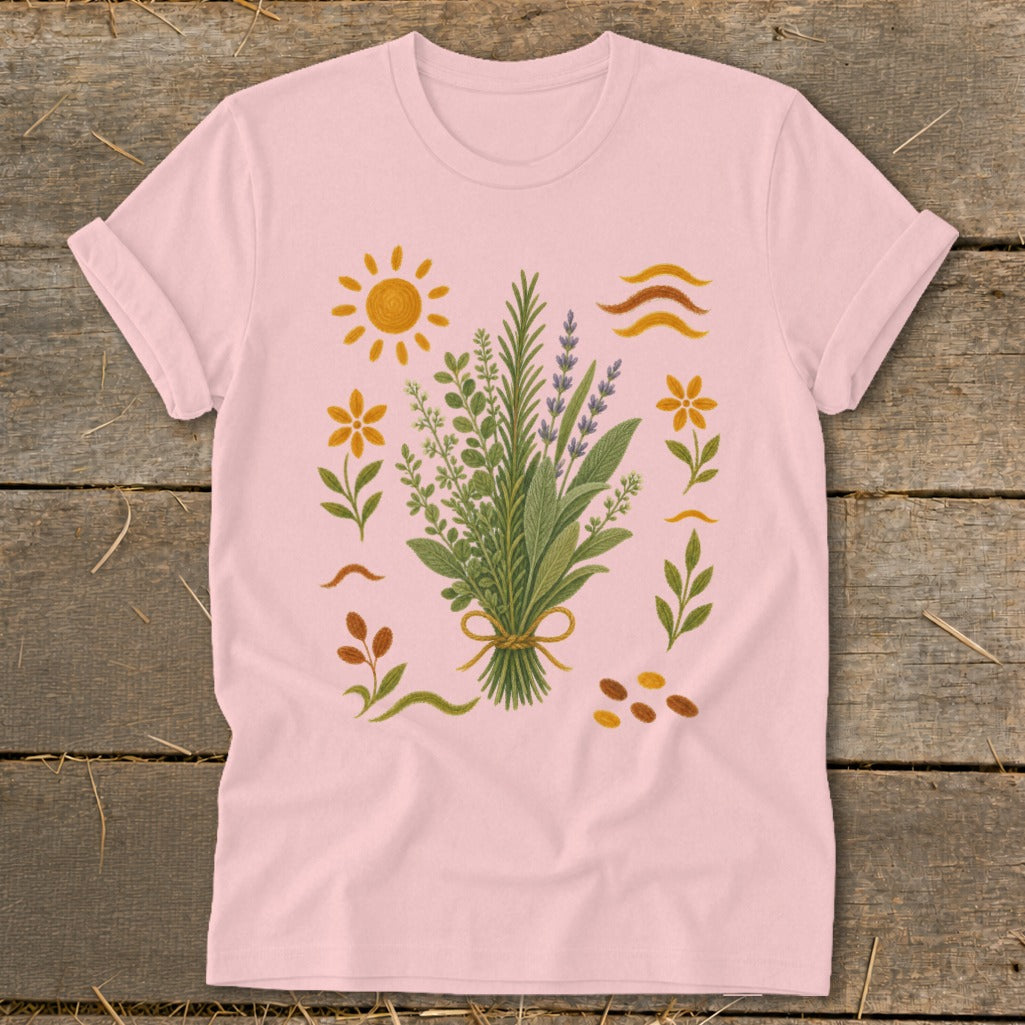 Pink t-shirt with botanical illustration of a herb bouquet, sun, flowers, and waves.