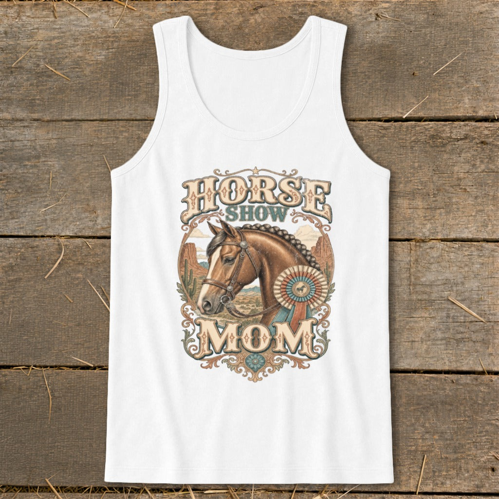 White tank top with "Horse Show Mom" text and a horse head graphic.