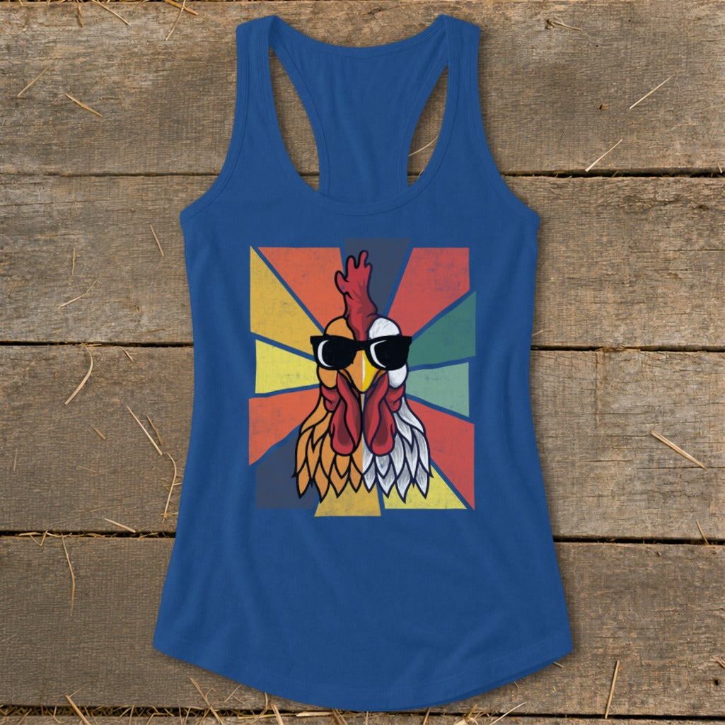 Blue tank top with a vintage-style distressed graphic of a cool rooster wearing sunglasses.