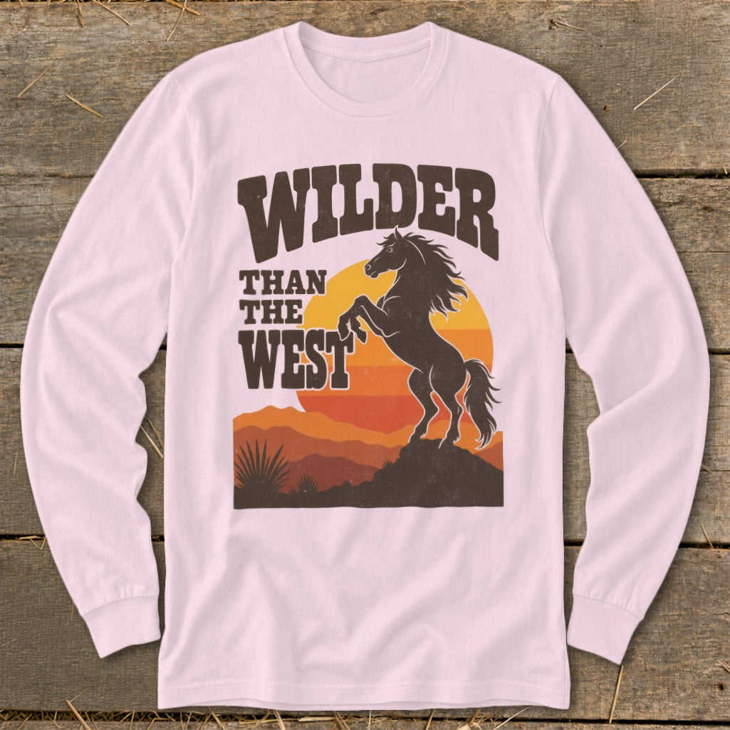 Long-sleeve shirt with "Wilder Than The West" text and a rearing horse.
