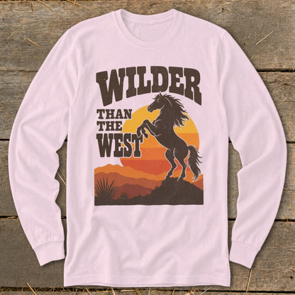 Long-sleeve shirt with "Wilder Than The West" text and a rearing horse.