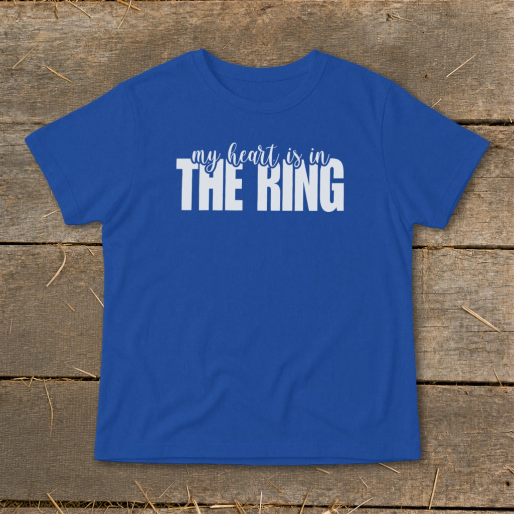 Royal blue t-shirt with white text "my heart is in THE RING".