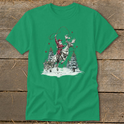 Santa on a reindeer with a lasso in a snowy forest scene.