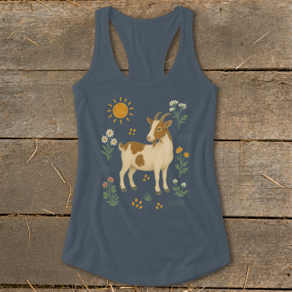 Tank top with a brown and white goat illustration surrounded by flowers and a sun.
