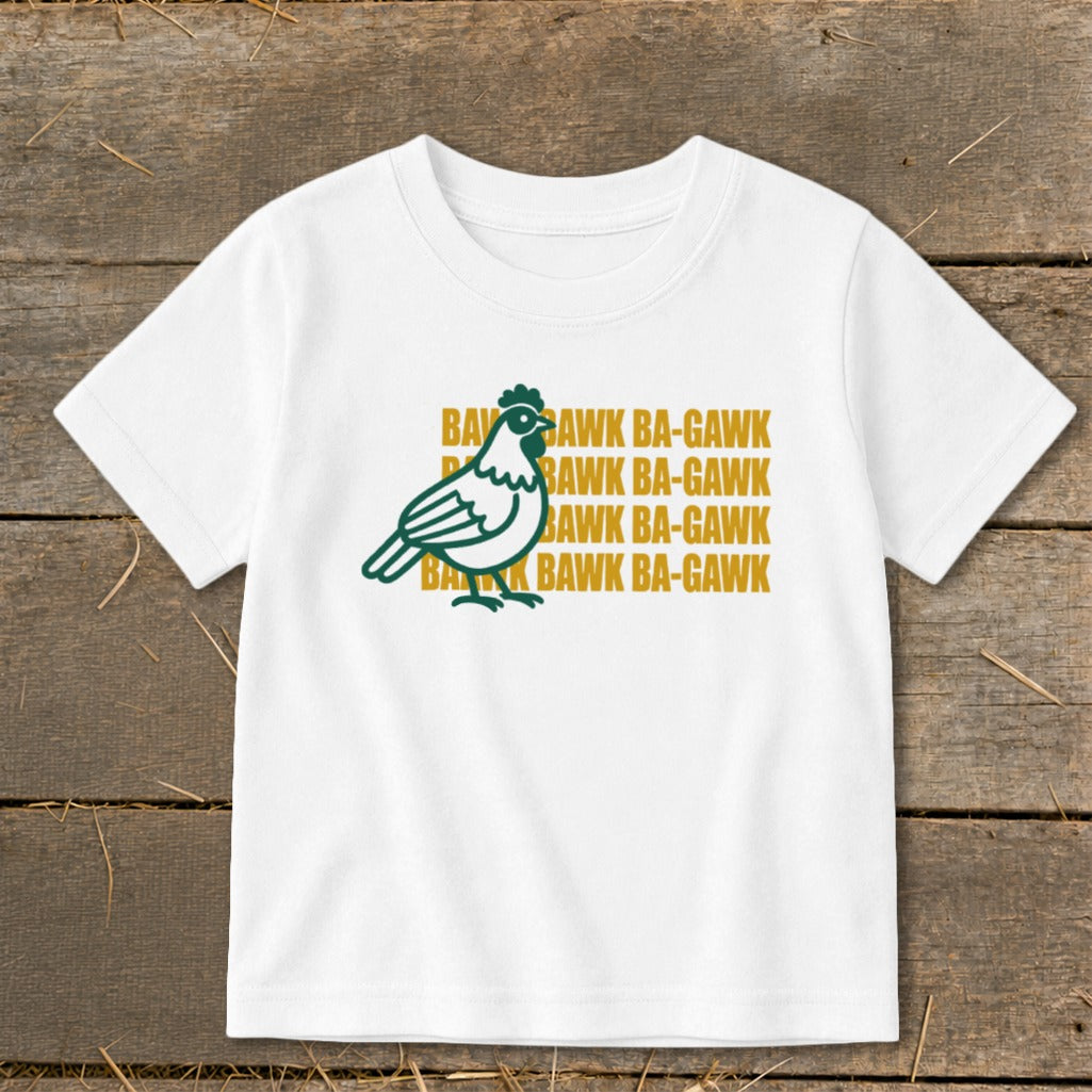 White t-shirt with a green chicken graphic and repeating "Bawk Ba-Gawk" text.