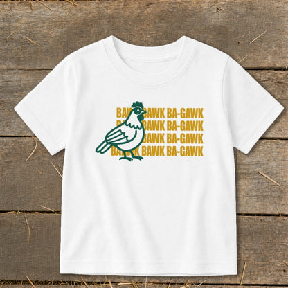 White t-shirt with a green chicken graphic and repeating "Bawk Ba-Gawk" text.