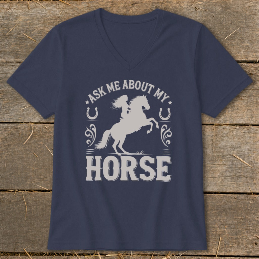 Navy v-neck t-shirt with "Ask Me About My Horse" text and horse graphic.