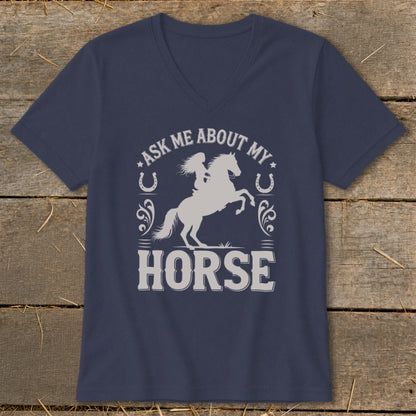 Navy v-neck t-shirt with "Ask Me About My Horse" text and horse graphic.