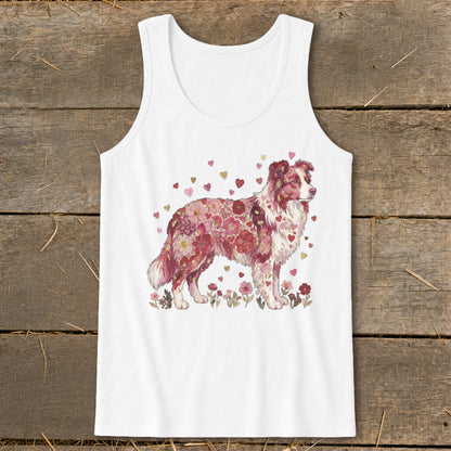 White tank top with a dog silhouette filled with flowers and hearts.