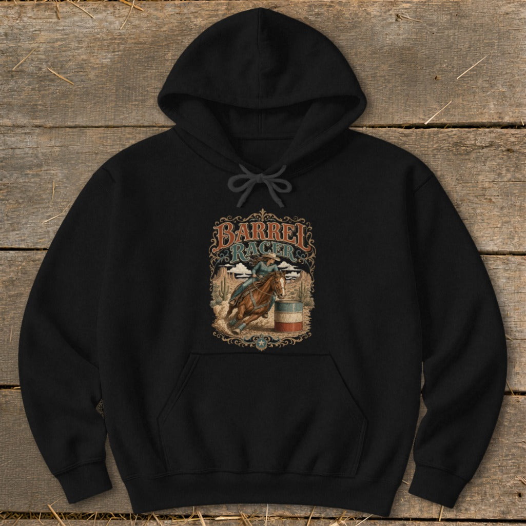 Black hoodie with "Barrel Racer" graphic featuring a cowgirl on a horse by a barrel.