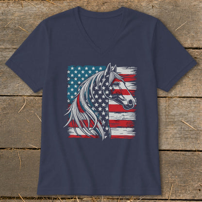 Horse head graphic with American flag design on a navy blue v-neck t-shirt.