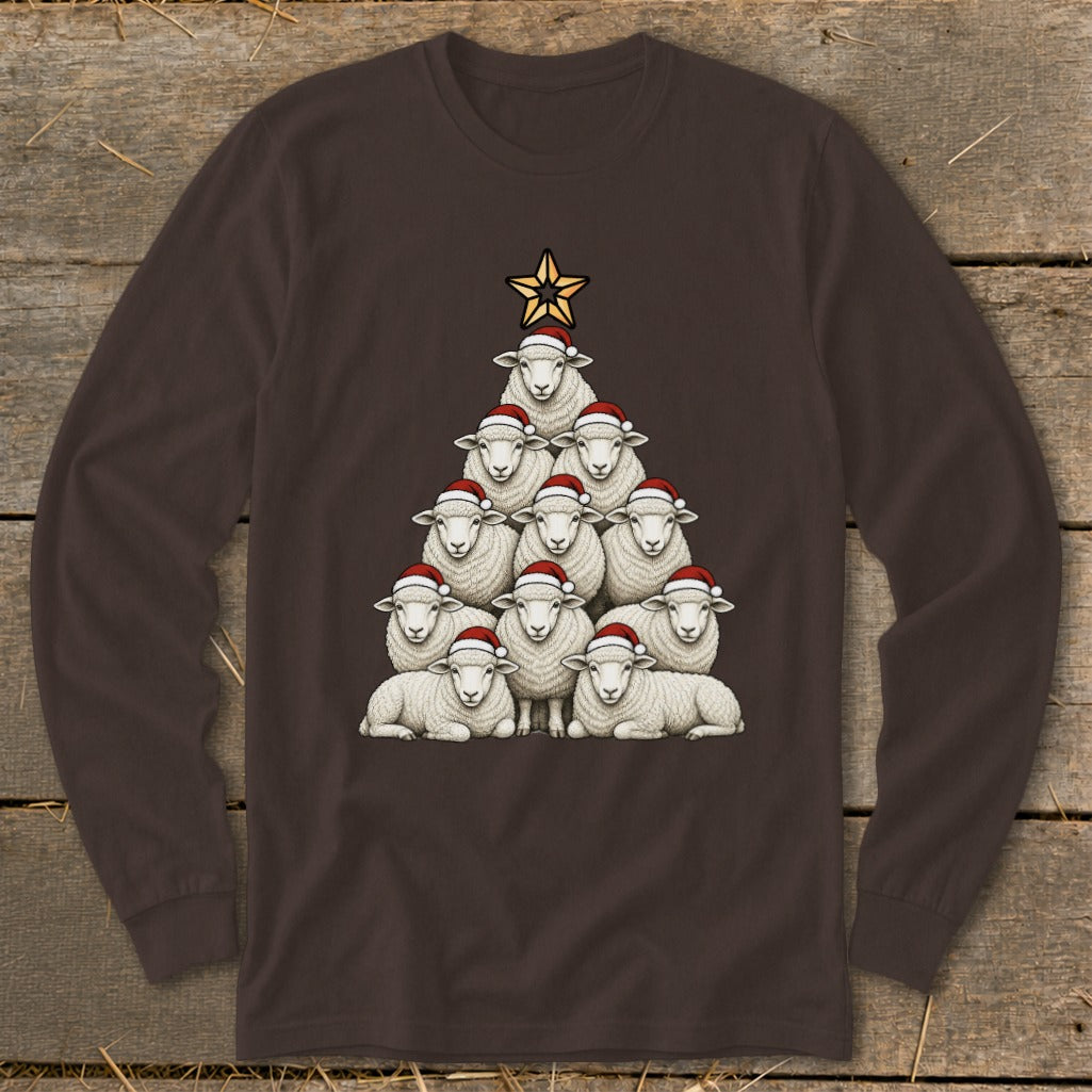 Sheep arranged as a Christmas tree, wearing Santa hats and topped with a star.