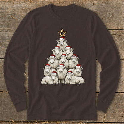 Sheep arranged as a Christmas tree, wearing Santa hats and topped with a star.