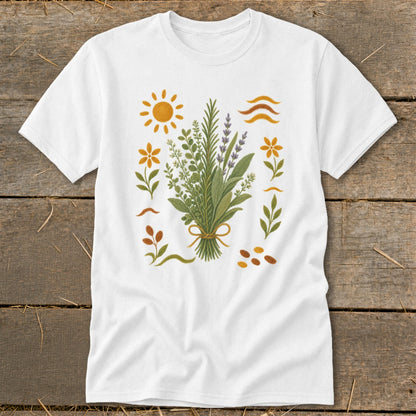 White t-shirt with a bouquet of herbs and surrounding botanical illustrations.
