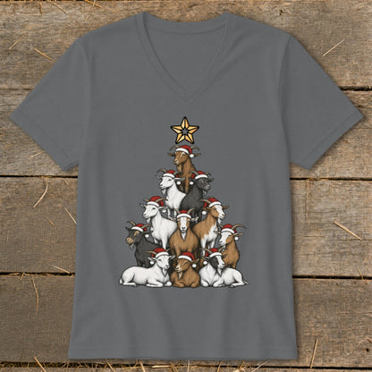 Goats in Santa hats stacked in a Christmas tree shape, topped with a star.