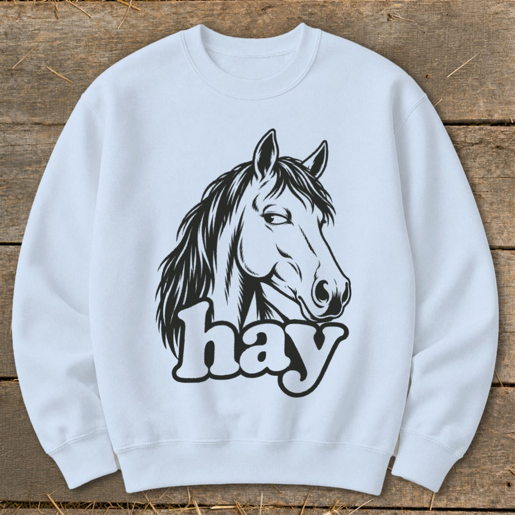 White sweatshirt with black graphic of horse head and the word "hay".