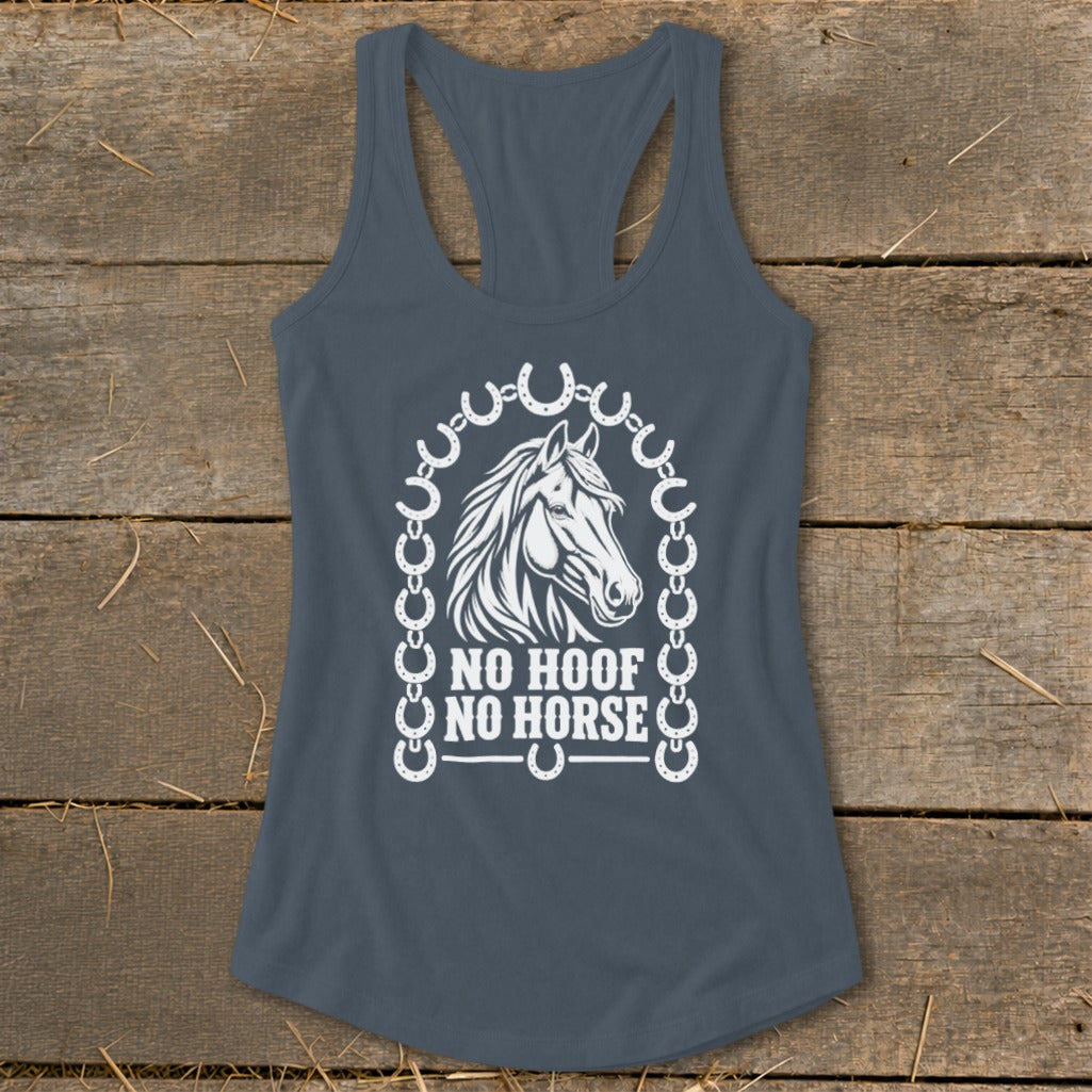 Dark grey tank top with a white graphic of a horse's head and "NO HOOF NO HORSE" text.