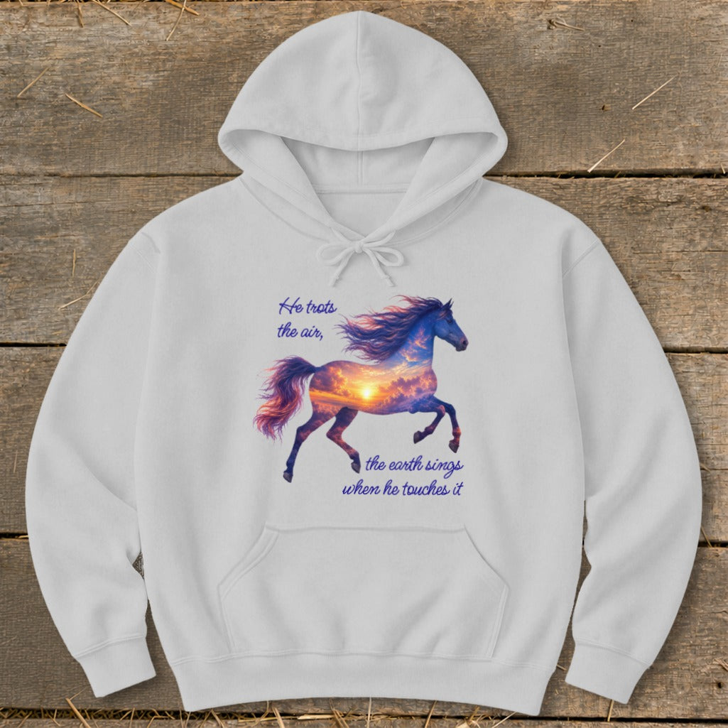 Light gray hoodie featuring a galloping horse graphic filled with a sunset sky and inspirational text.