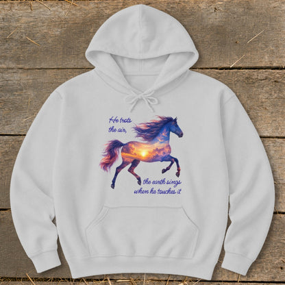 Light gray hoodie featuring a galloping horse graphic filled with a sunset sky and inspirational text.