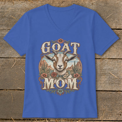 Blue v-neck t-shirt with "GOAT MOM" text and goat illustration in desert landscape.