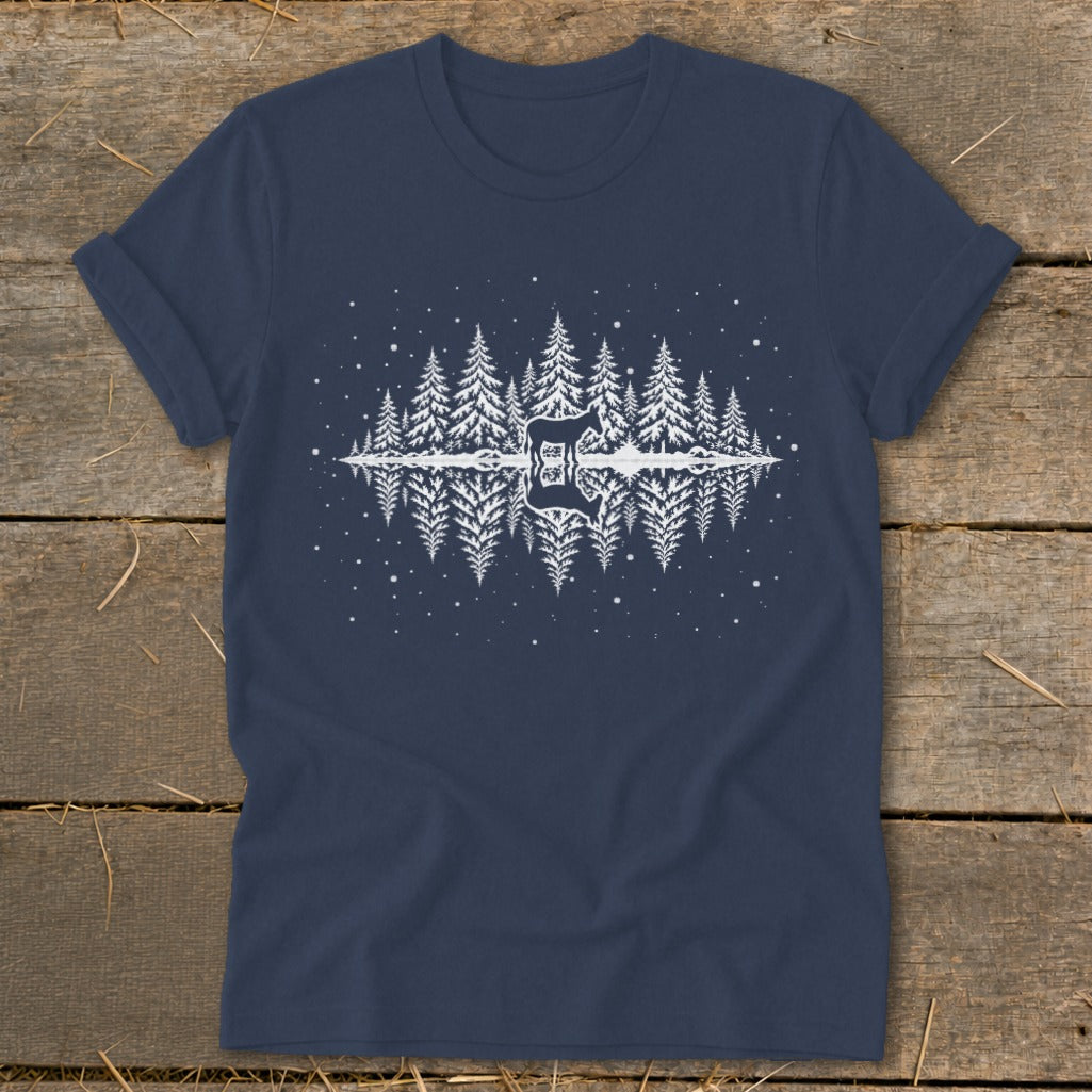 Navy t-shirt with white forest and guitar reflection graphic.