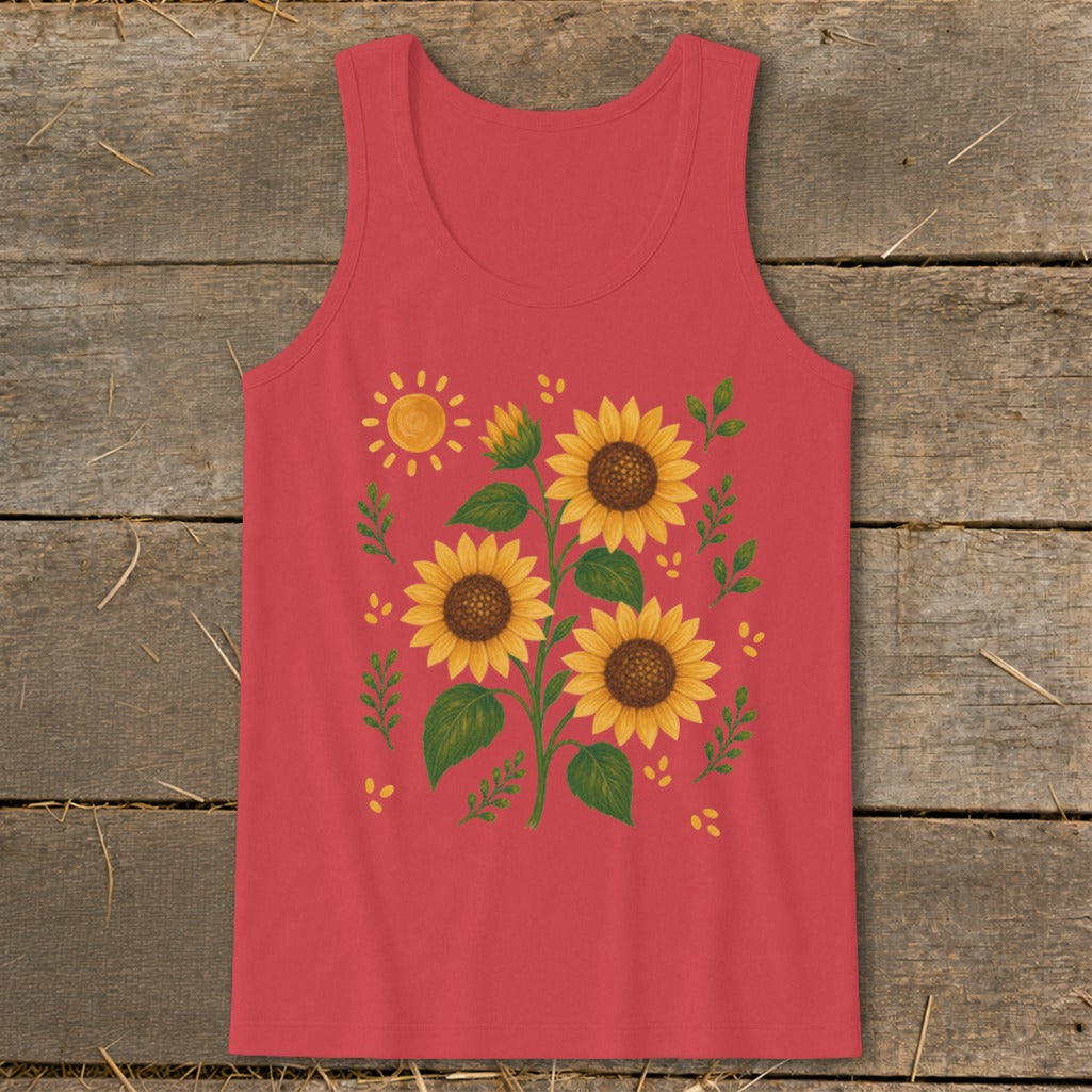 Red tank top with a painted sunflower and sun design.