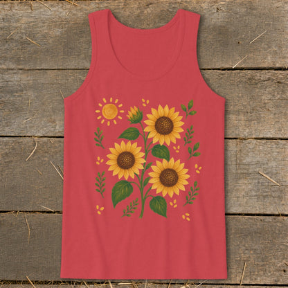 Red tank top with a painted sunflower and sun design.