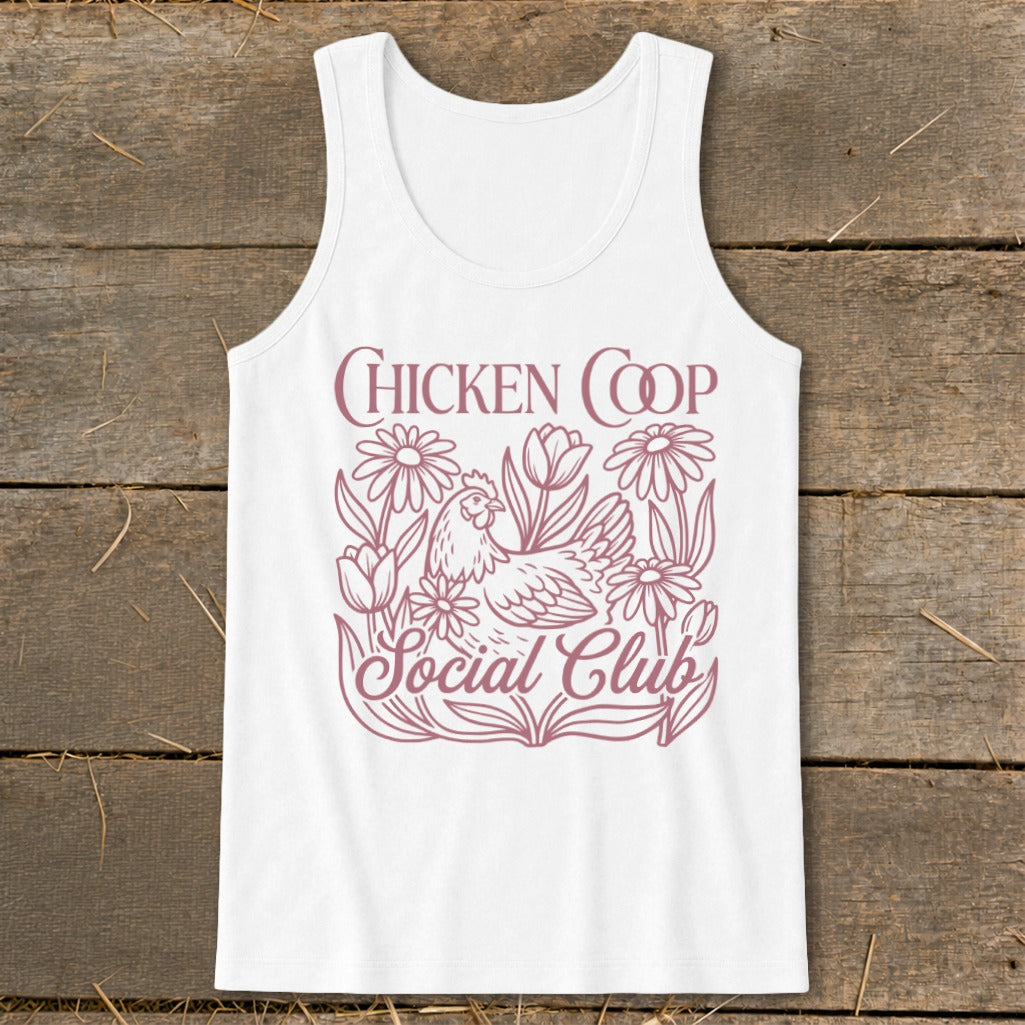 White tank top with pink "Chicken Coop Social Club" text and chicken with flowers graphic.