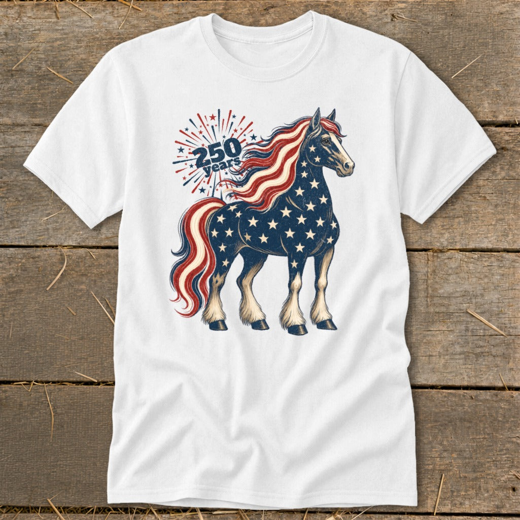 White t-shirt with a horse graphic featuring American flag colors and "250 years" text.