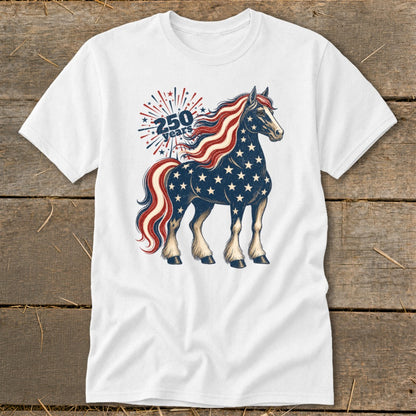 White t-shirt with a horse graphic featuring American flag colors and "250 years" text.