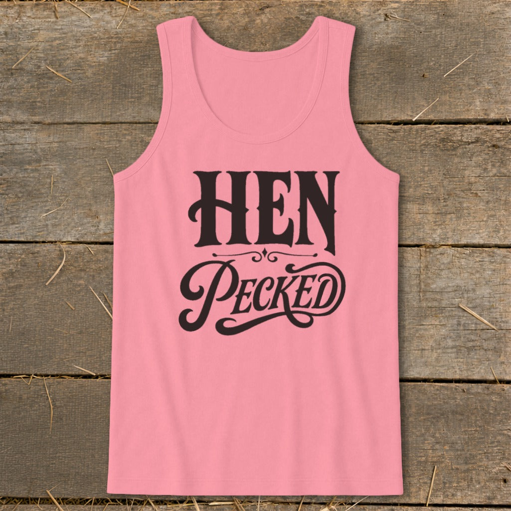 Pink tank top with "HEN Pecked" text in black stylized font.