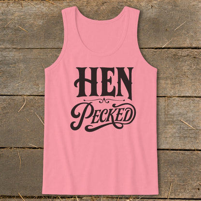 Pink tank top with "HEN Pecked" text in black stylized font.