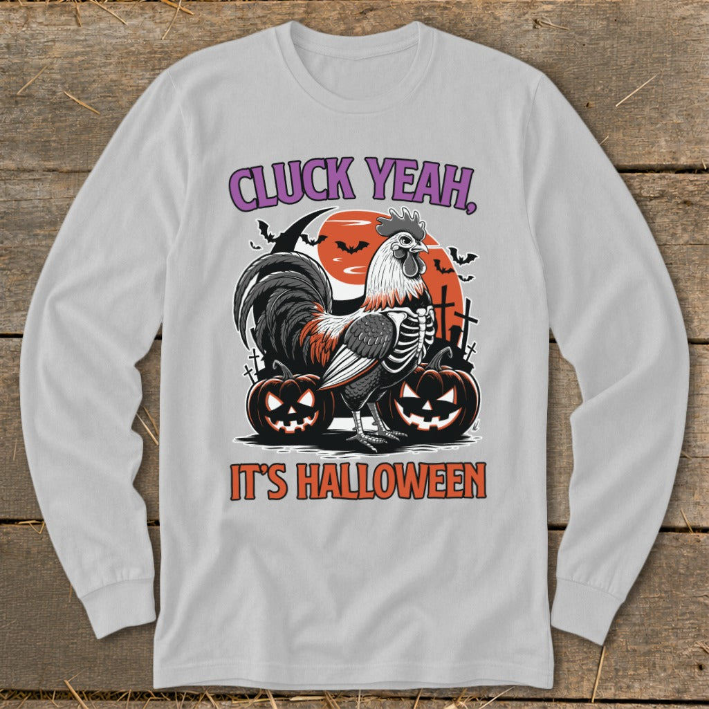 Rooster skeleton with pumpkins and bats, "CLUCK YEAH, IT'S HALLOWEEN" text.
