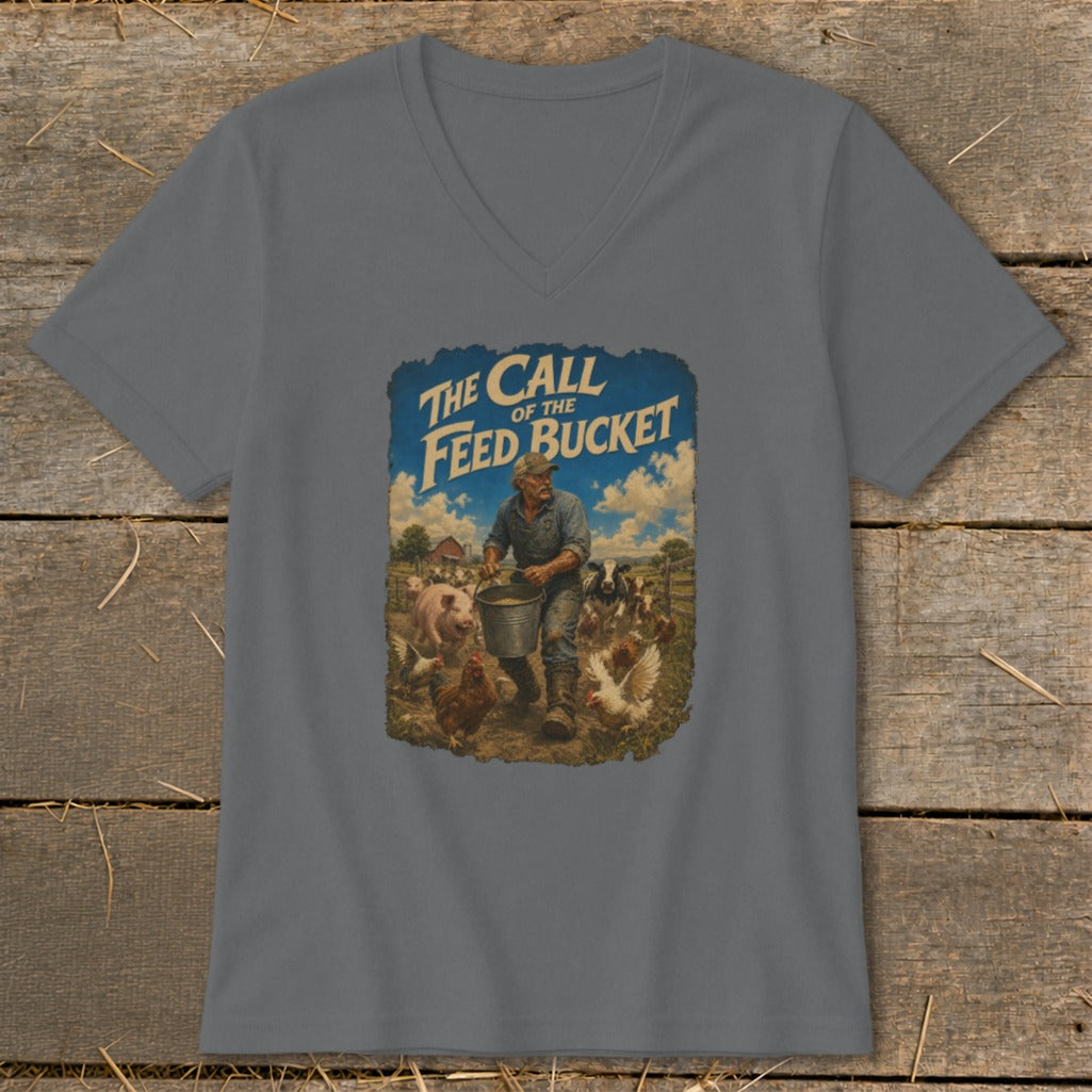 T-shirt graphic with text "The Call of the Feed Bucket" and farmer feeding farm animals.
