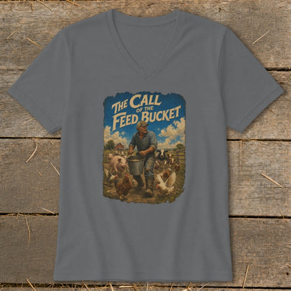 T-shirt graphic with text "The Call of the Feed Bucket" and farmer feeding farm animals.
