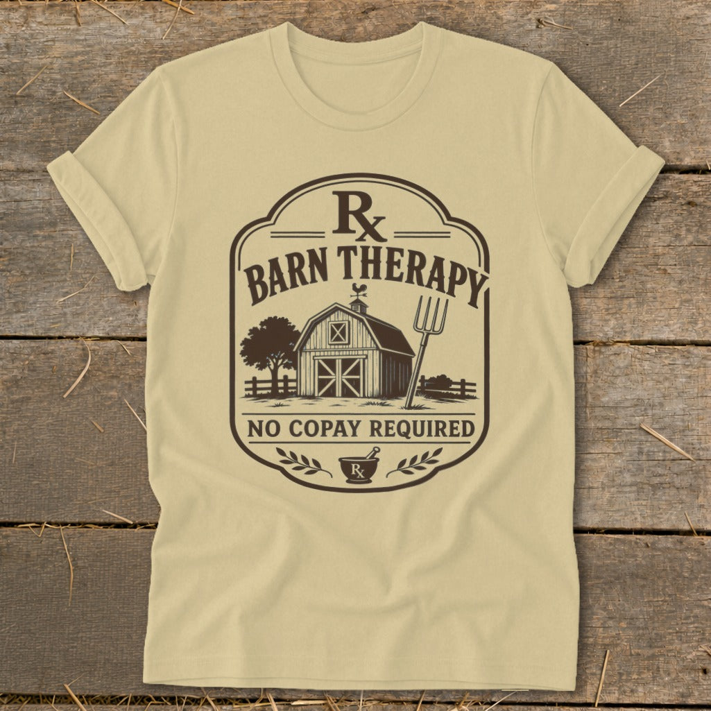 T-shirt with "Barn Therapy" and "No Copay Required" text, featuring a barn and pitchfork.