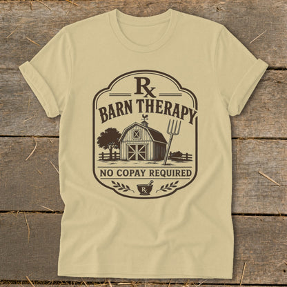 T-shirt with "Barn Therapy" and "No Copay Required" text, featuring a barn and pitchfork.