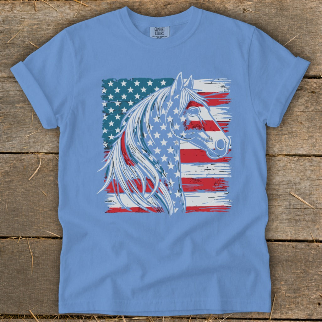 Light blue t-shirt with distressed American flag horse head graphic.