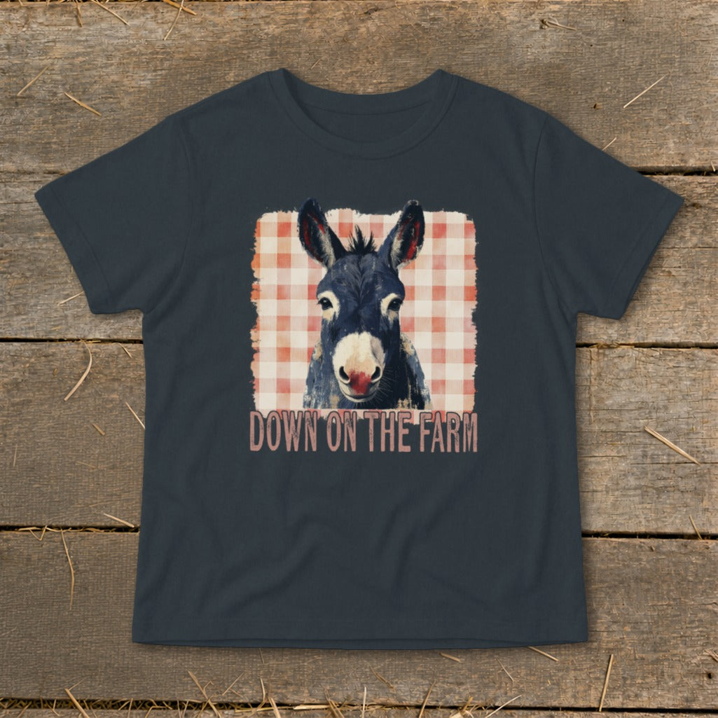 Dark t-shirt with a donkey graphic and "DOWN ON THE FARM" text.