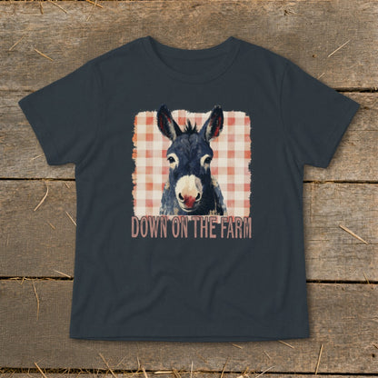 Dark t-shirt with a donkey graphic and "DOWN ON THE FARM" text.