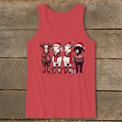 Four cartoon goats wear Santa hats, scarves, and festive sweaters, with gifts below.