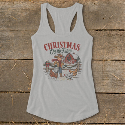 "Christmas On the Farm" graphic with a boy feeding chickens by a red barn.